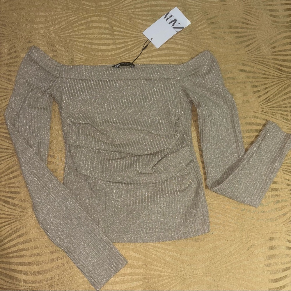 Zara Off-Shoulder Shimmery Gold Ribbed Sweater Top